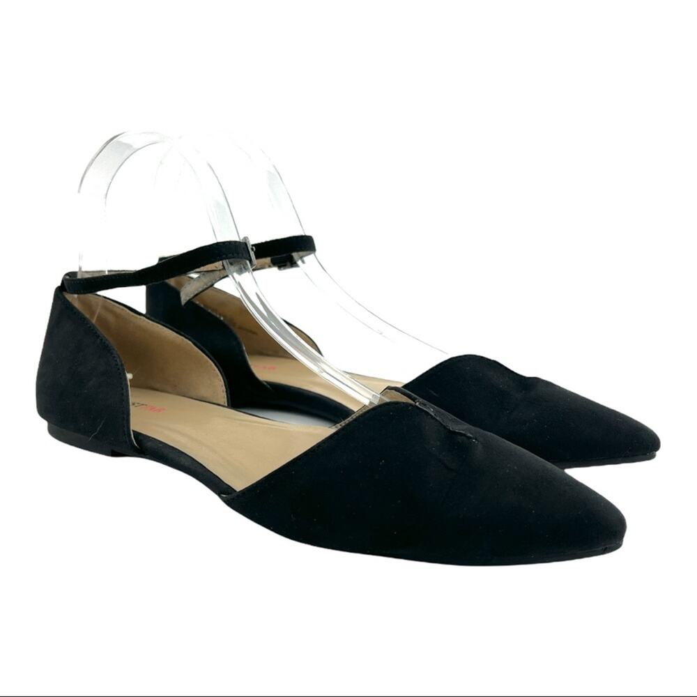 JustFab (6.5) Meena Black faux Suede Pointed Toe Ankle Strap D’Orsay Flats Shoes